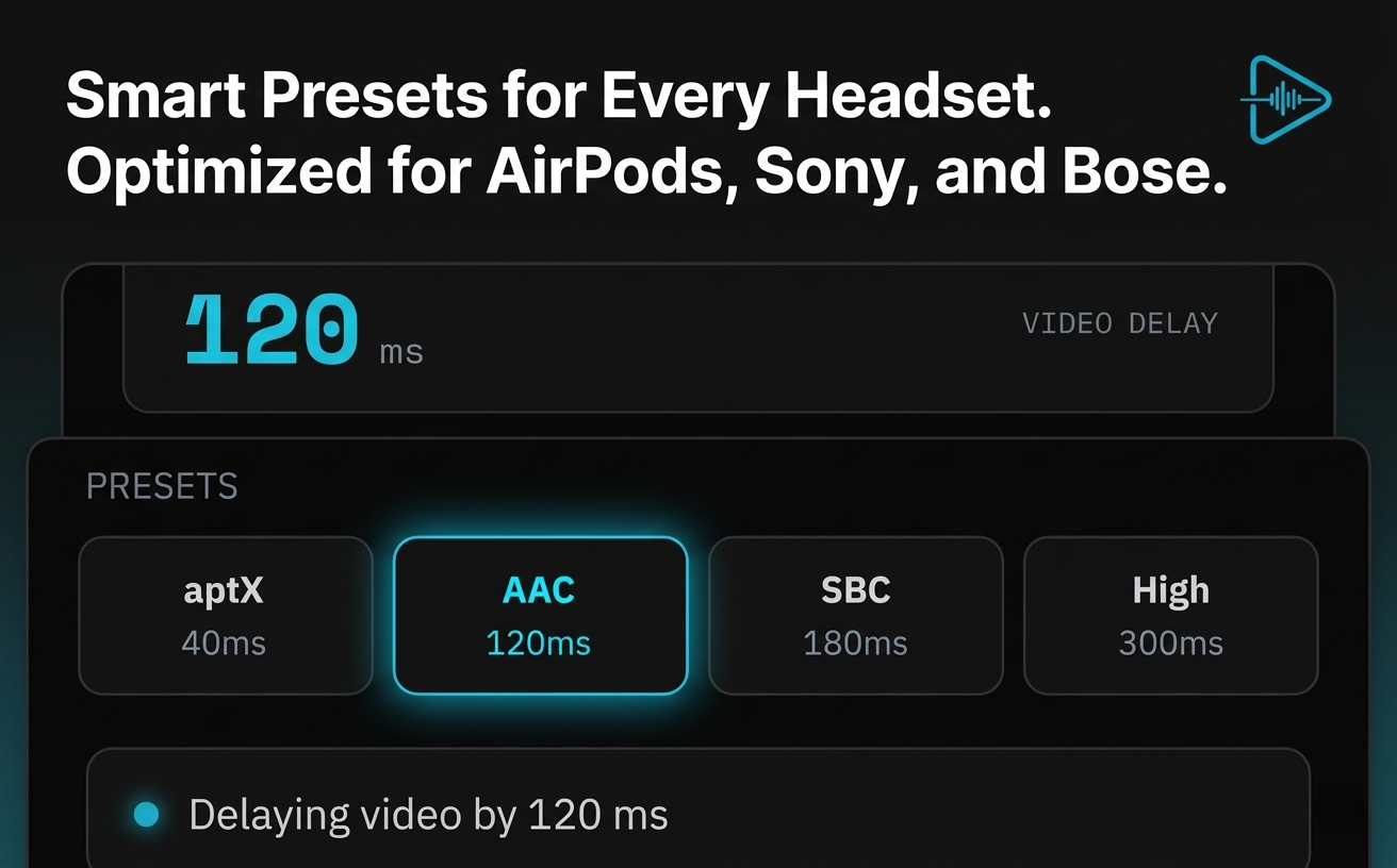 LagSync audio codec presets including aptX, AAC, SBC, and High quality options